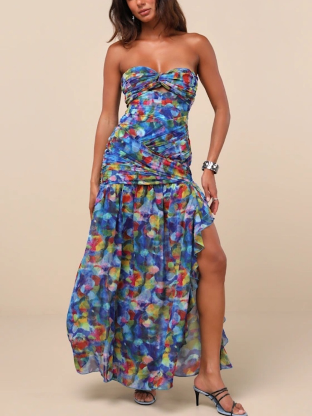 Jeniah Blue Multi Abstract Print Drop Waist Maxi Dress